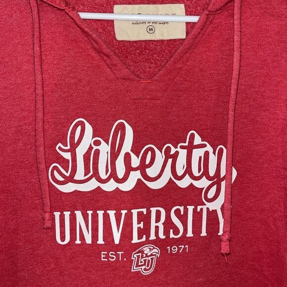 Women’s Red LIBERTY FLAMES Pullover V Neck Hoodie Hooded Sweatshirt M Oversized - Picture 2 of 4